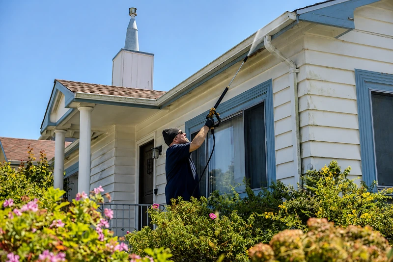 Pressure cleaning homes service removing algae from a stucco house in Wesley Chapel FL