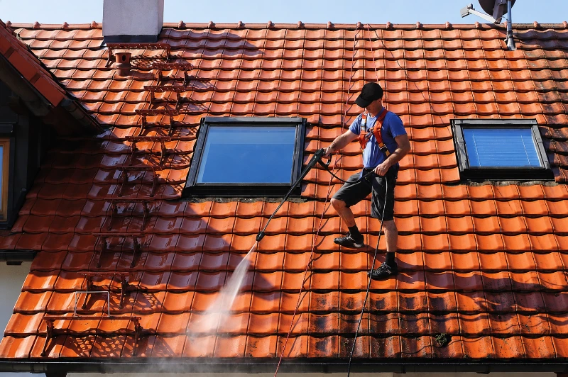 Pressure cleaning roofs service in progress on a Wesley Chapel FL home