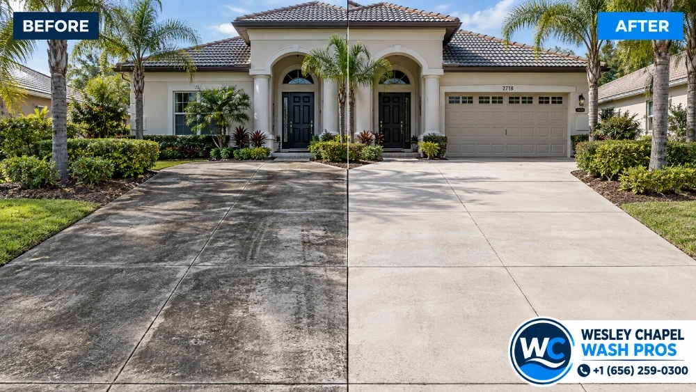 Before and after pressure washing of a house front in Wesley Chapel, FL