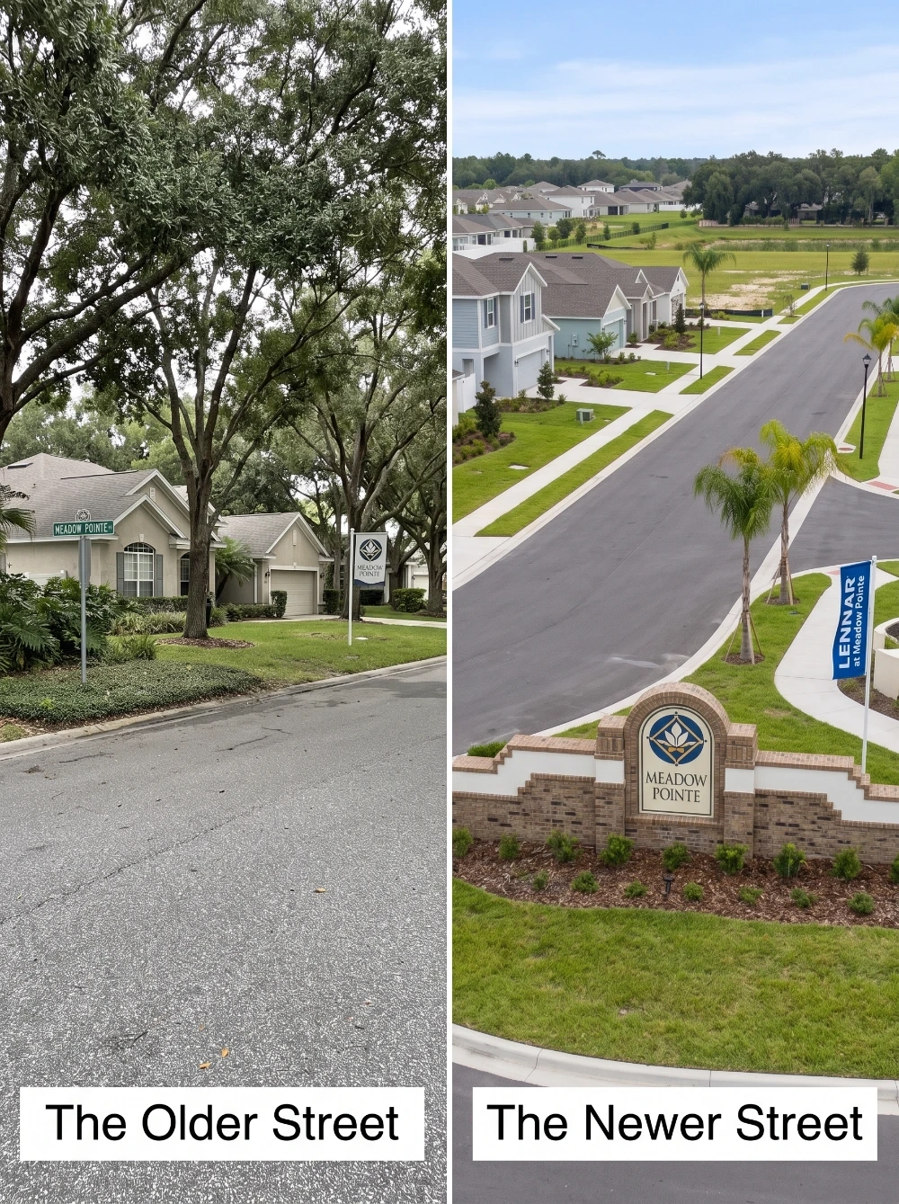 Estancia older and newer home sections comparison Older and newer streets side by side in Estancia at Wiregrass, Wesley Chapel